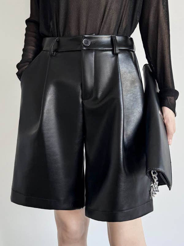 BLACK Loose Straight Leg High-Waisted Pleated Split-Joint Shorts for wholesale on Faire1