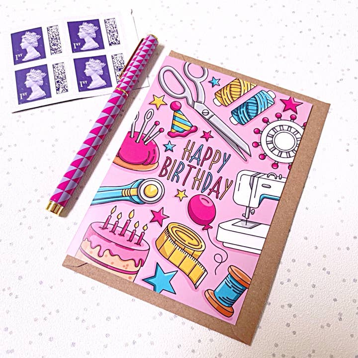 Little Green Stitches – wholesale Birthday card – Needlecraft Greetings Card, Sewing Birthday Cards2
