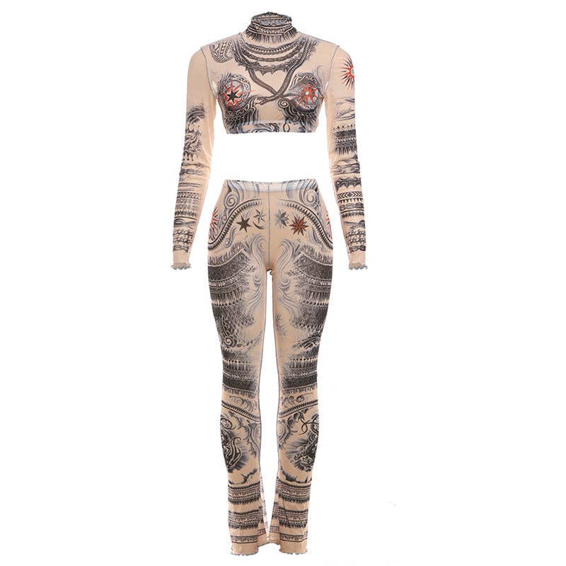 KHAKI MB FASHION TATTOO MESH CROP TOP LEGGING 2 PCS SET 1304LY for wholesale on Faire0