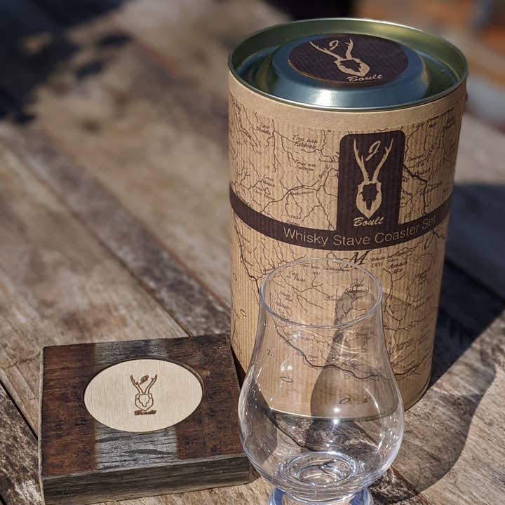 Upcycled whisky stave coaster & glass gift for wholesale by J Boult Designs