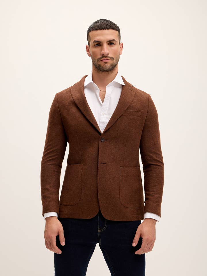 Tailored Fit Patch Pocket Jacket in Wool - Brick for wholesale by Ron Tomson