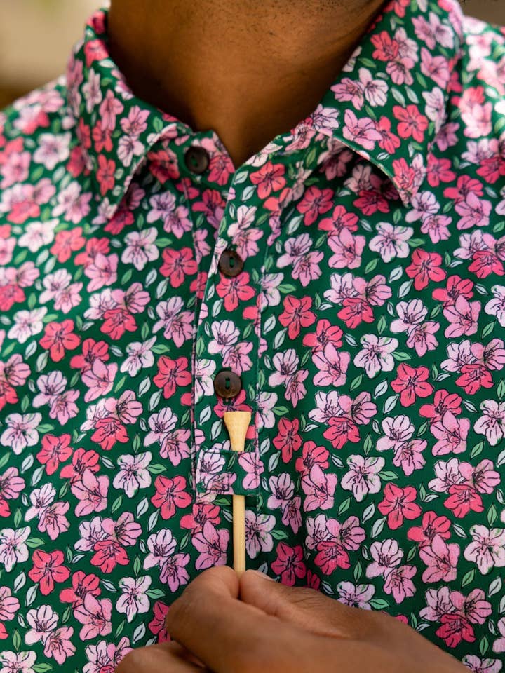 Mens Green and Pink Floral Print Polo for wholesale by Kenny Flowers