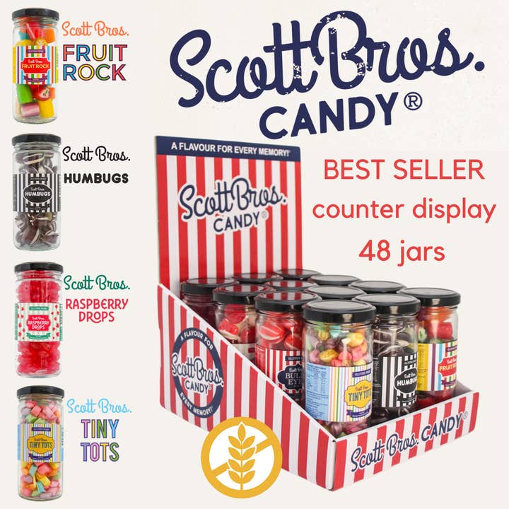 Scott Bros. CANDY - Wholesale Hard Candy - Best Seller 1-Tier Counter Display - 48 Jars / 4 Flavours