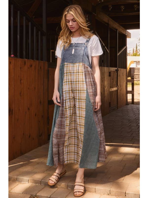 Denim Combo Plus Color Mixed Plaid Overall Maxi Dress for wholesale on Faire