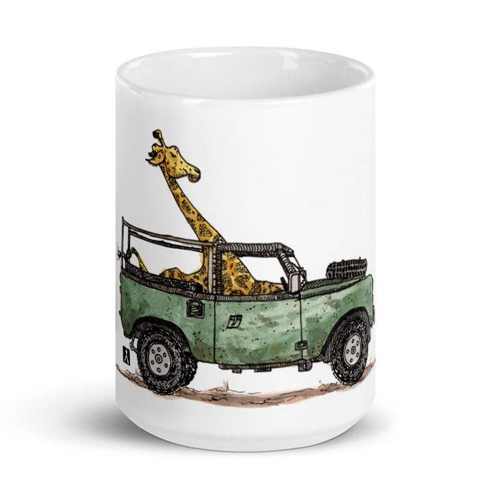 Coffee Mug With Giraffe On Safari In Their Land Rover for wholesale by Bellavance Ink