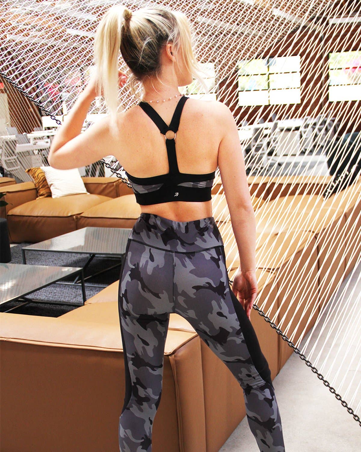 Grey Camouflage Veloso Supplex Sports Bra with Mesh Trim for wholesale on Faire1