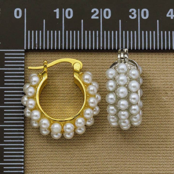 BestBeads&Beyond - Wholesale Huggie Earrings - Pearl Triple Line Huggie Earrings, Sku#B1532