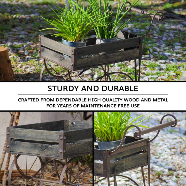 Zeckos - Wholesale Plant Pot Stand - 24 Inch Rustic Black Wood & Metal Wagon Plant Stand