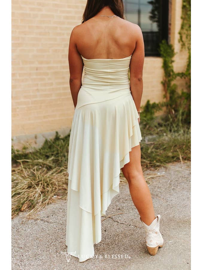LUCKY & BLESSED - Wholesale Dress - Women's - Cream Strapless Asymmetrical Ruffle Dress1