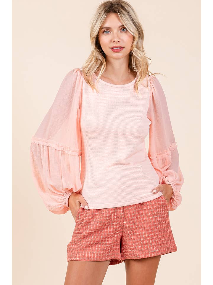 mittoshop - Wholesale Knit Top - Women's - MIXED MEDIA TEXTURED KNIT CHIFFON LONG SLEEVE TOP20