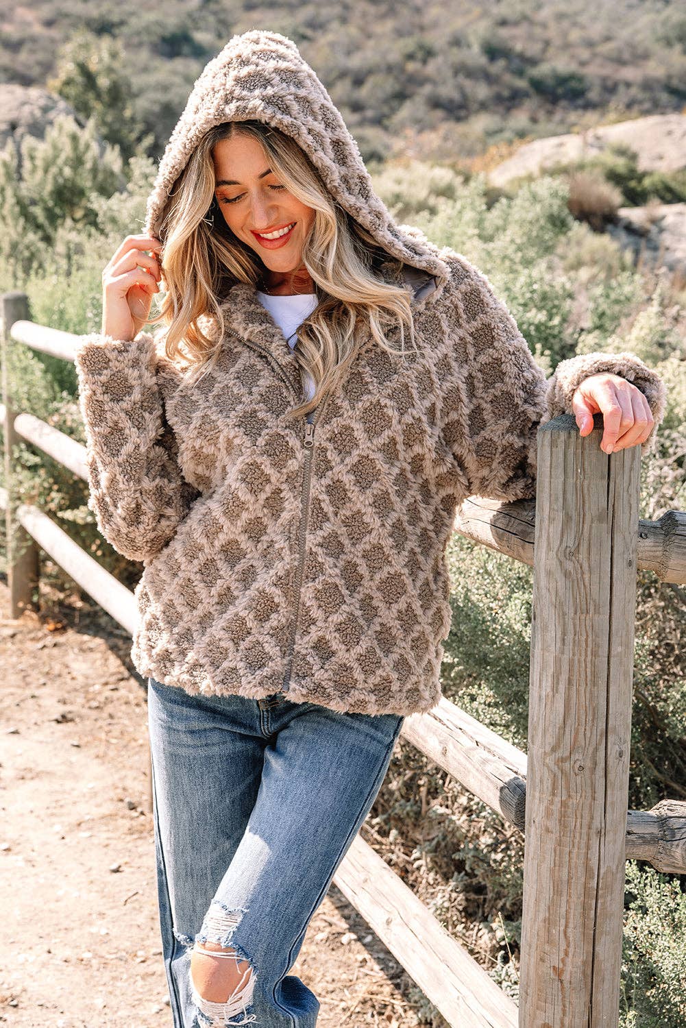 Chestnut Sherpa Rhombus Textured Zip Up Hooded Jacket for wholesale on Faire4