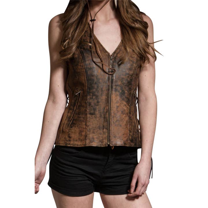 Women's Vintage Brown Dual Pocket Side Lace Real Leather for wholesale by Lesa collection