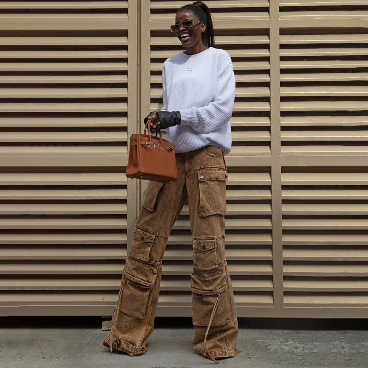 Brown Pocket patchwork jeans straight high waist vintage zipper for wholesale on Faire2