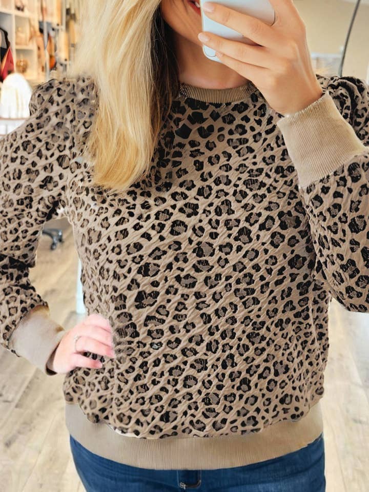 Khaki Leopard Textured Ribbed Trim Plus Size Long Sleeve Top for wholesale by Lovesoft