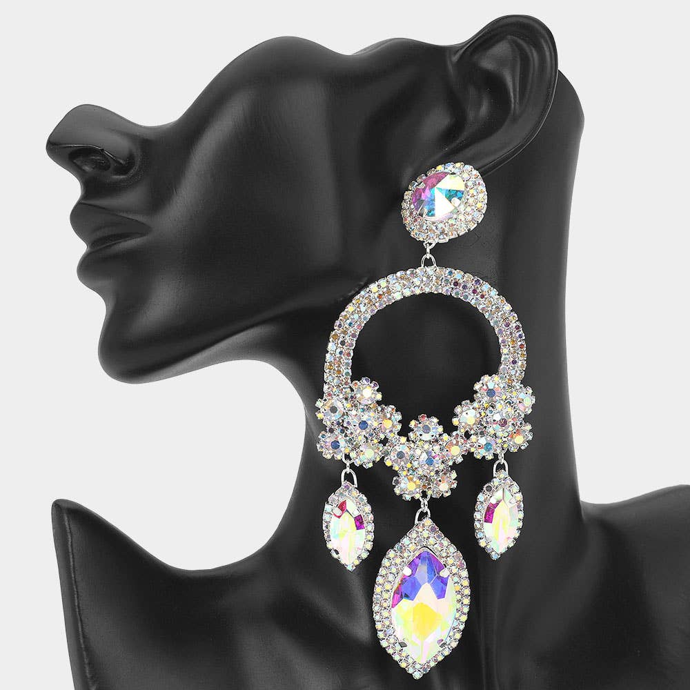 Sensibling Corp. – wholesale Dangle earrings – Oversized Rhinestone Paved Triple Flower Marquise Glass Stone Cluster Link Drop Chandelier Evening Earrings2