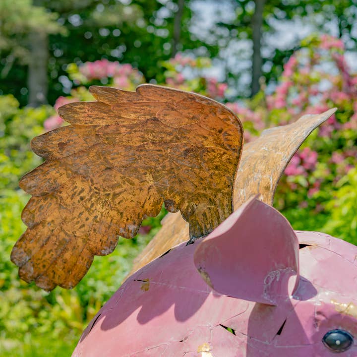 Zaer Ltd. International - Wholesale Outdoor Ornament/Decor - 30.5" Tall Flying Pink Iron Pig Statue with Golden Wings3