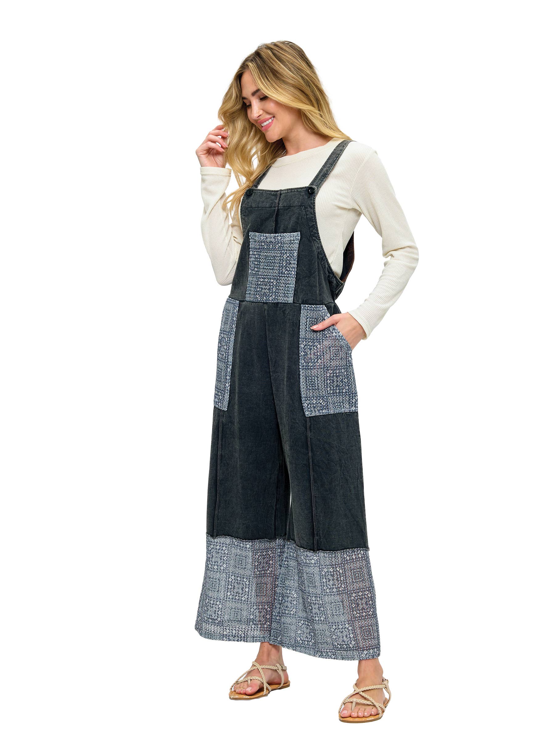 Charcoal Overall Vintage Washed Colorblock Lace Applique for wholesale on Faire2