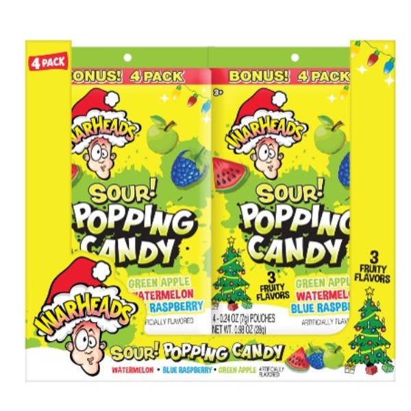 Warheads 4pk Sour Popping Candy Holiday Edition, 12ct for wholesale by Grandpa Joe's Candy Shop