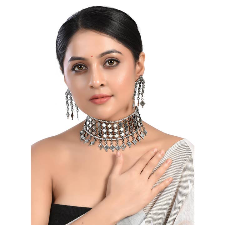 Vastrabhushan – wholesale Smycken – Afghansk Boho Stam Oxiderad Spegel Chokerset Handgjord