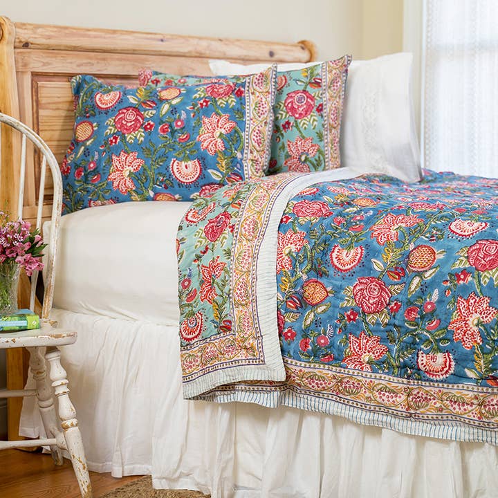 Mirabel Block Print Quilt - Teal for wholesale by April Cornell