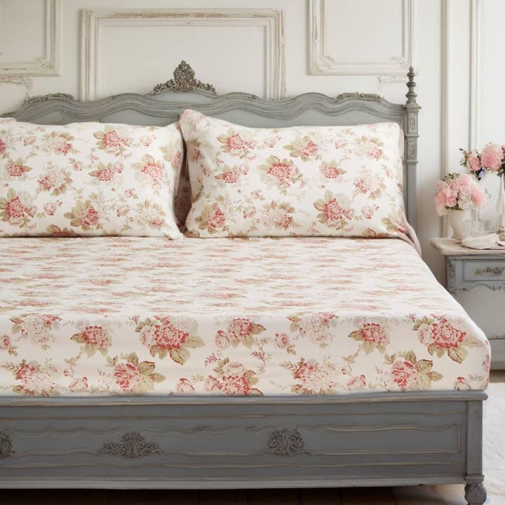 DaDa Bedding Hint of Mint Dainty Cottage Floral Roses Cotton Fitted Sheet w/ Pillow Case (3036) for wholesale by DaDalogy Bedding
