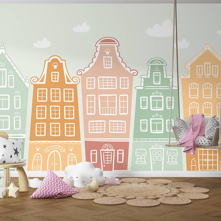 Huse Børnetapet, Legeværelse Landsby Vægmaleri for engroshandel hos SimurgWallArts