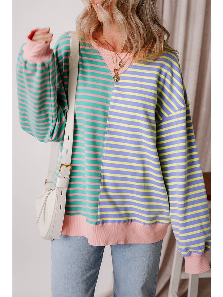 Aapparella - Wholesale Sweatshirt - Women's - Colorblock Striped Oversize Sweatshirt | S-2XL