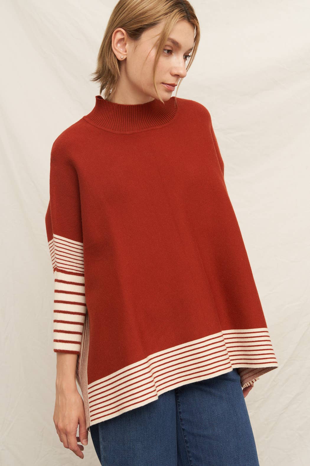 Rust Oversized Striped Knit Cape Sweater  for wholesale on Faire2