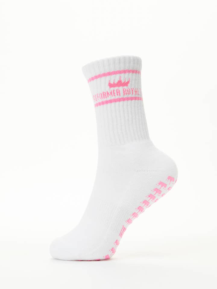 White Reformer Royalty Pilates Grip Socks for wholesale on Faire13