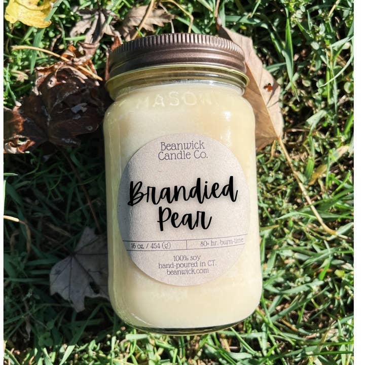 Candela di soia BRANDIED PEAR in barattolo di vetro, regalo unico per la vendita all'ingrosso da parte di Beanwick Candle Co.
