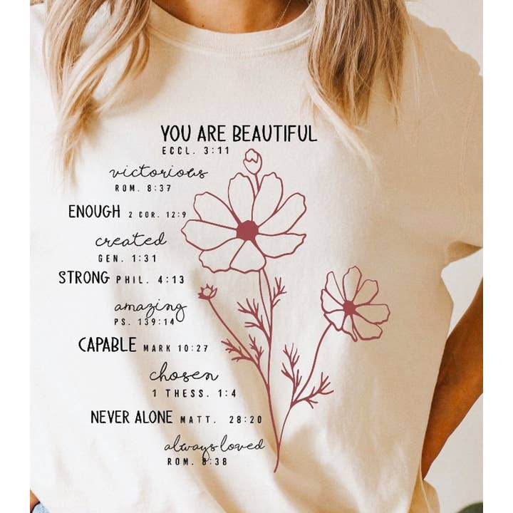 You Are Beautiful Victorious Enough Floral Bible Verse Tee for wholesale by Peach Closet
