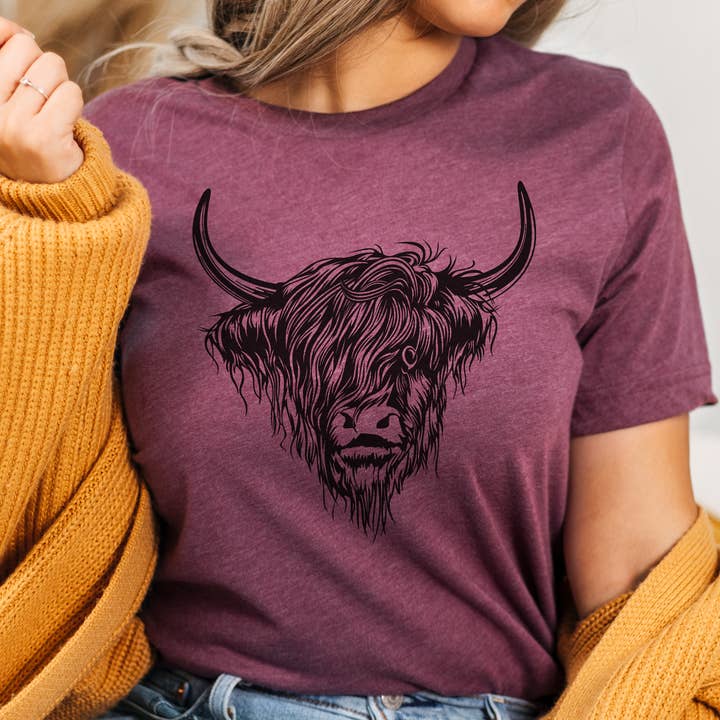 Kissed Apparel - Vente T-shirt sérigraphié – femme - Highland Cow, rustique, chic, ferme robuste, t-shirt Country Western