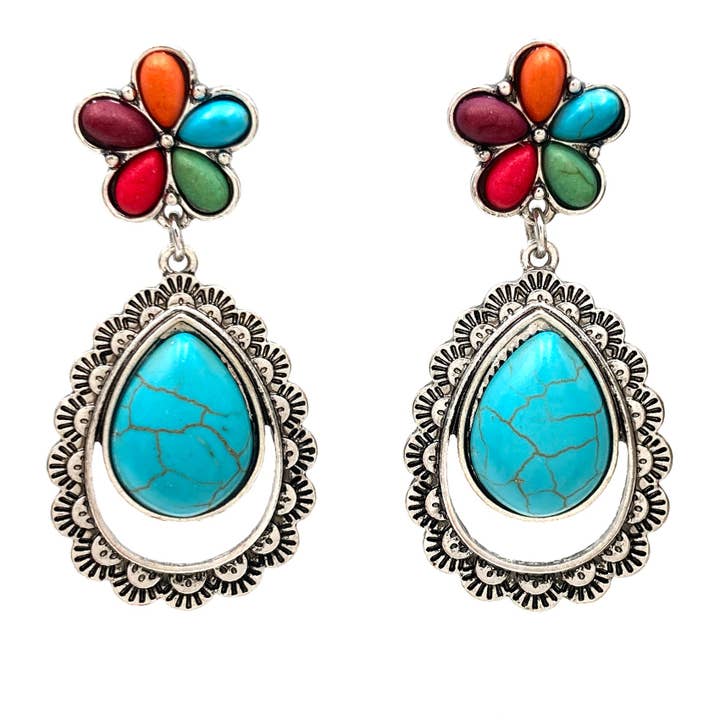 Flower with Teardrop Turquoise and Native Sun Ray Patterns Earrings for wholesale by Lunar Deer