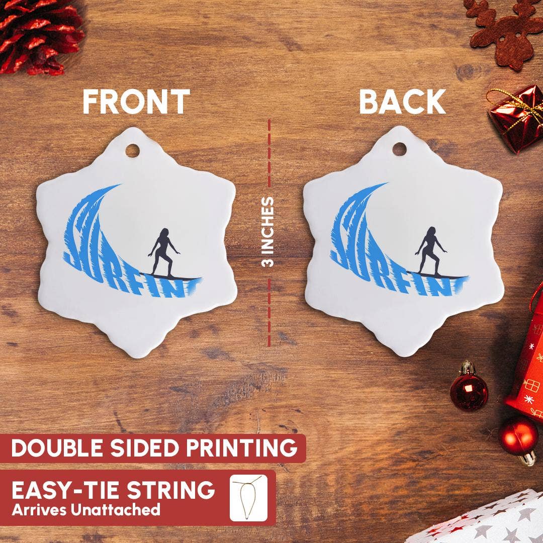 3dRose – wholesale Ornament – 3dRose, Woman surfer, blue wave, text surfing, white background, Ornament2