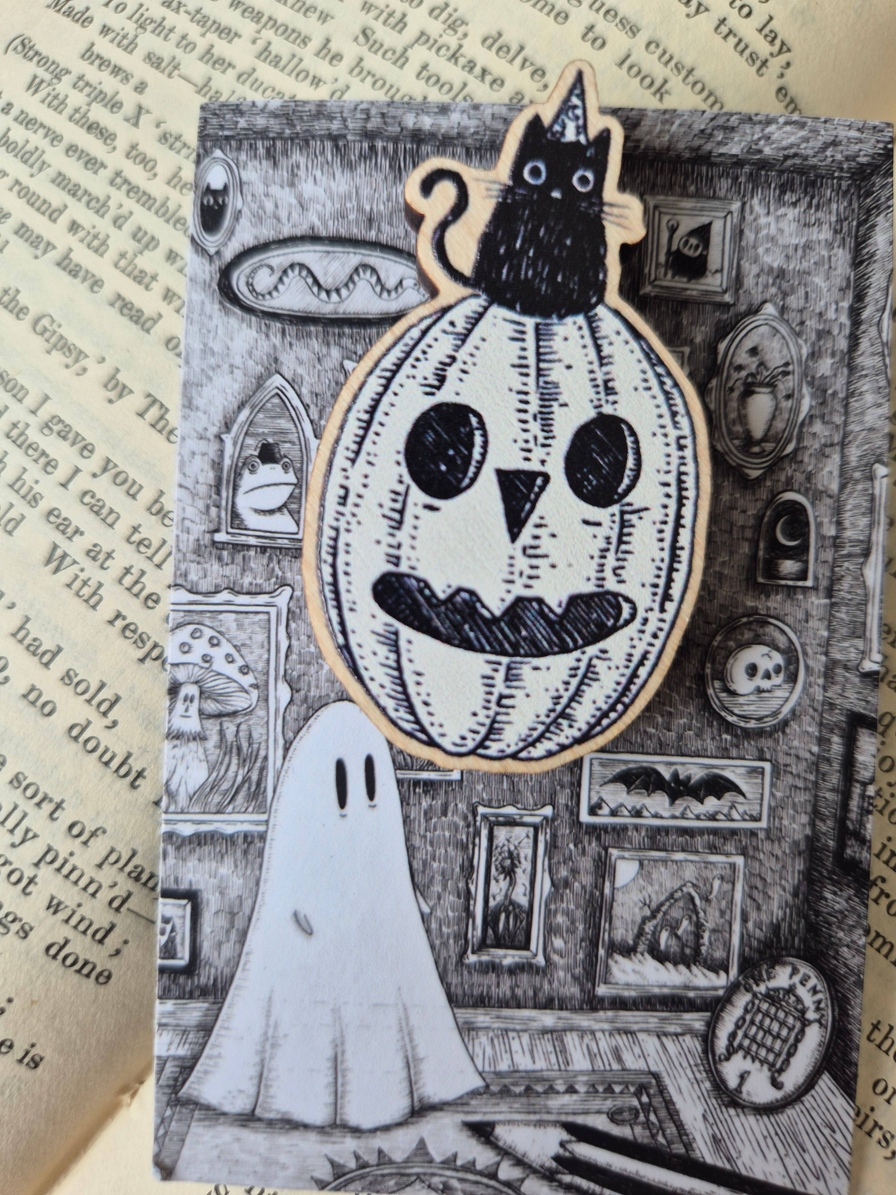 Jon Turner Illustration - Wholesale Lapel Pin/Button - Cat on a Pumpkin Wooden Pin Badge1