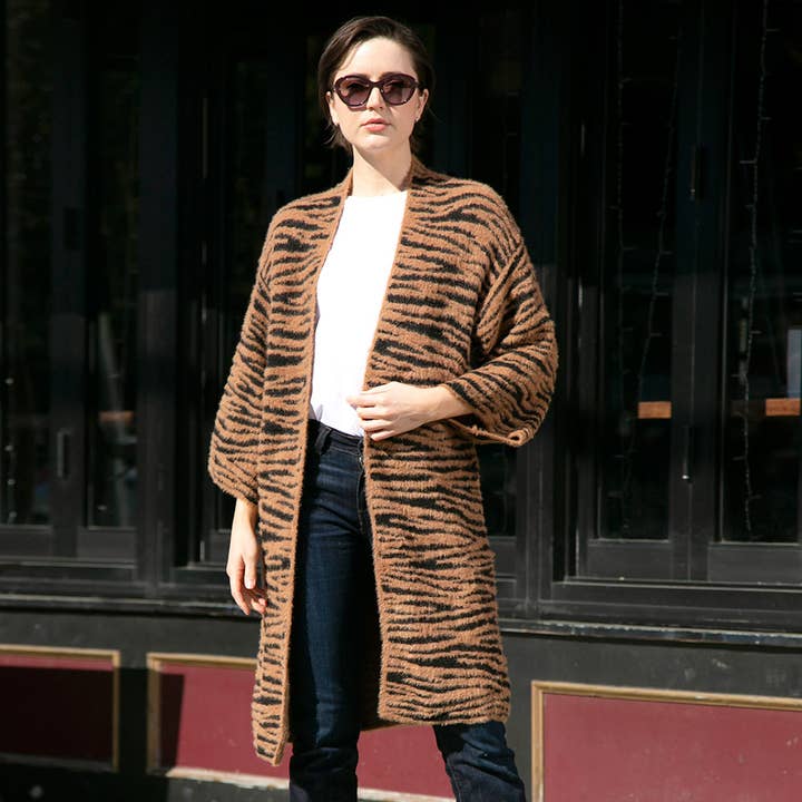 Wona Trading, Inc. - Wholesale Cardigan - Women's - Tiger Zebra Leopard Patterned Bell Sleeves Cardigan