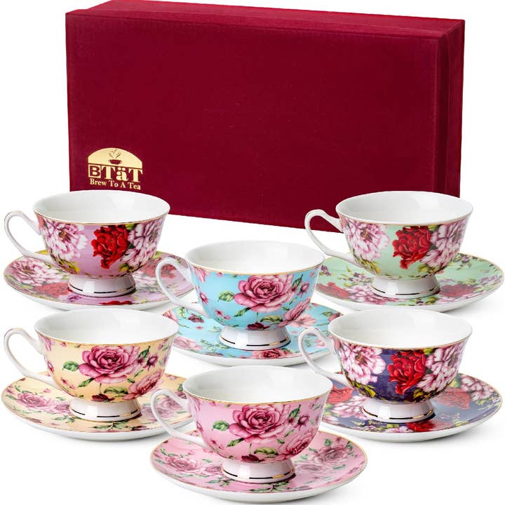 BTaT Floral Tea Cups & Saucers Set of 6 with Gift Box for wholesale by Brew To A Tea