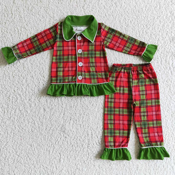Aier Wholesale - Wholesale Sleepwear Set - Kids - Baby girls Christmas red green plaid pajamas sets