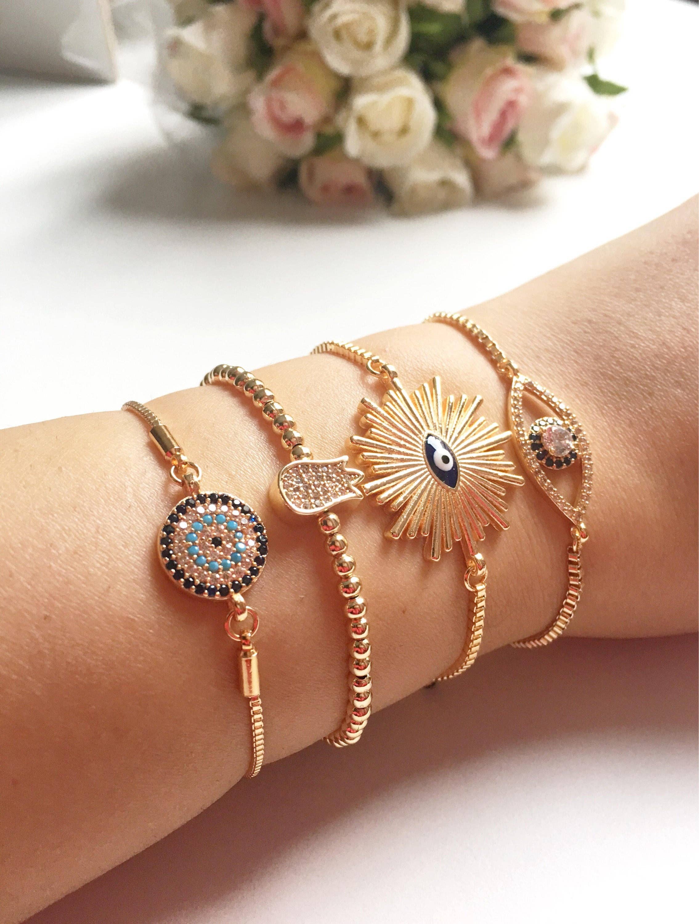 Evileyefavor - Wholesale Charm/Dangle Bracelet - Gold Evil Eye Bracelet, Adjustable Greek Jewelry7