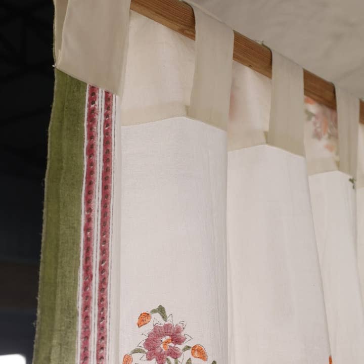 White Pink Sheer Cotton Window And Door Curtains With Hand Block Printed Floral Pattern | 5 / 7 ft| Handmade In India for wholesale on Faire2
