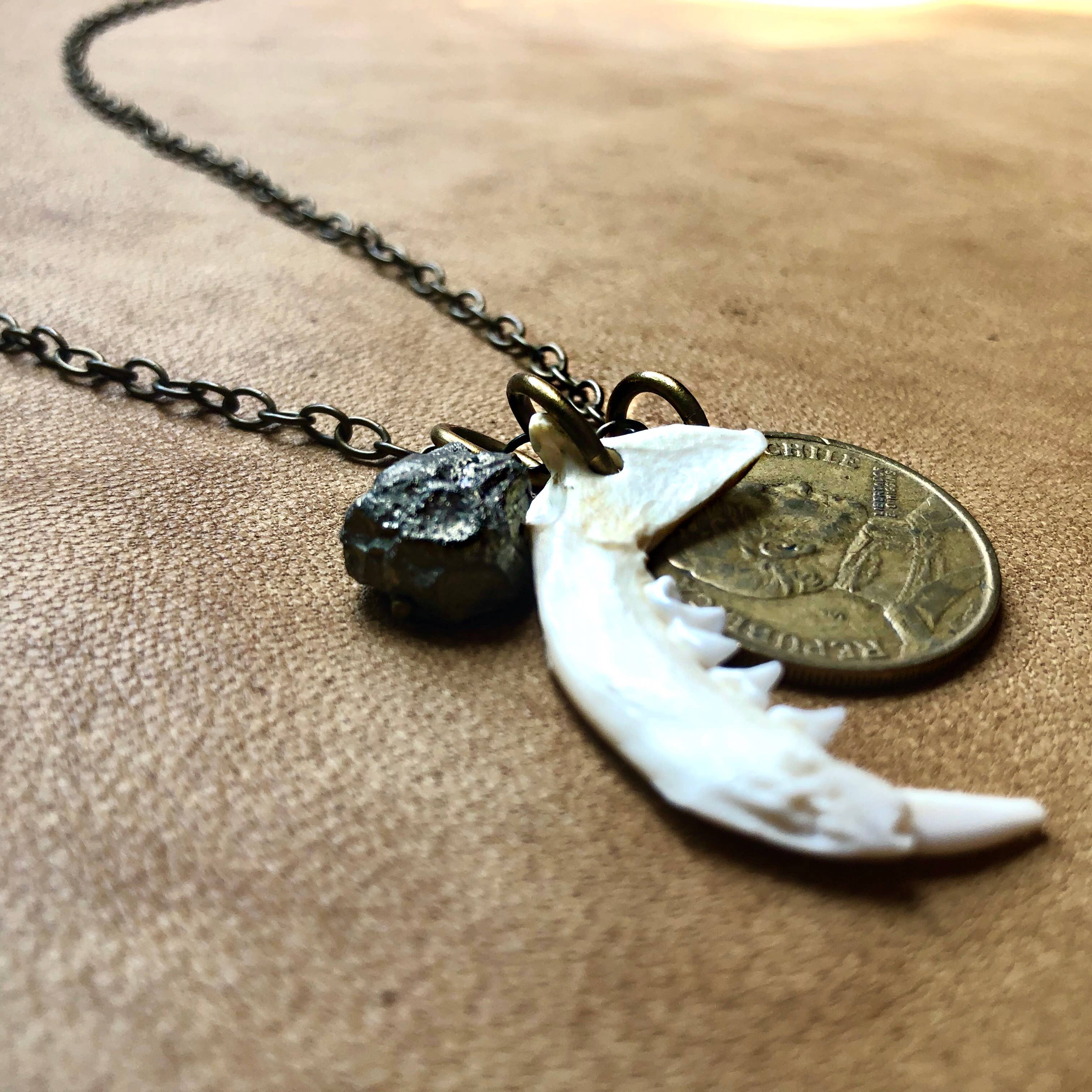 ASTALI - Wholesale Pendant/Charm Necklace - Jawbone & Fool's Gold Necklace, Real Weasel Bone & Pyrite1