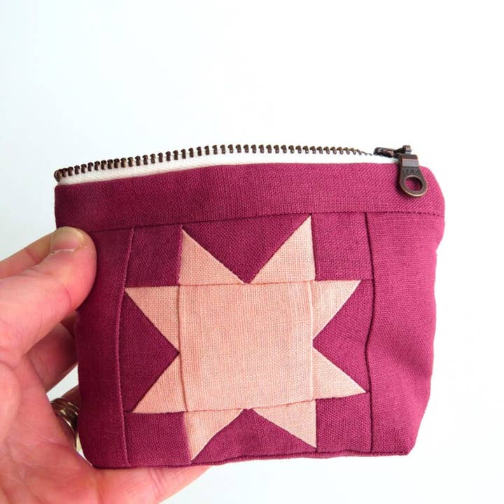 Handmade Quilted Linen Pouch – Sawtooth Star Design ROSE for wholesale by PaperFromHeaven