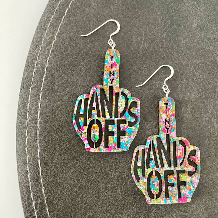 zoo&roo - Wholesale Dangle Earrings - Tiny Hands Off Middle Finger Rainbow Glitter Earrings