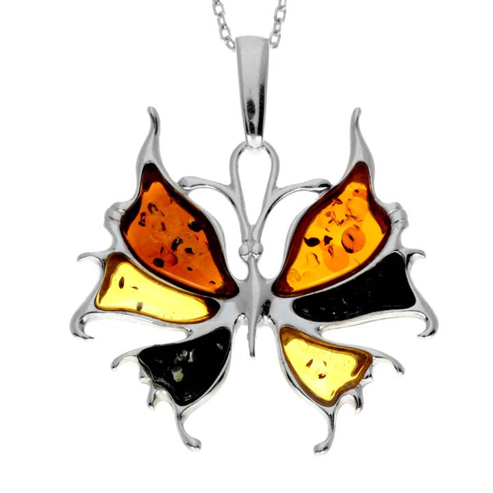 925 Sterling Silver & Genuine Baltic Amber Modern Butterfly Pendant - AD223 for wholesale by SilverAmber Jewellery