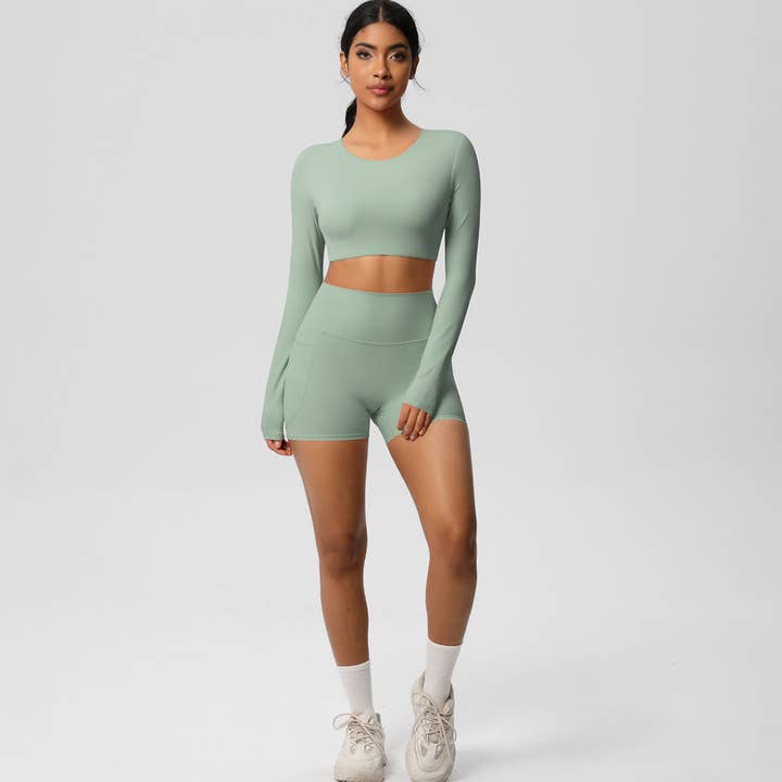 Women High-Waist Yoga Set: Long Sleeve Top + Pocket Shorts for wholesale by Sodalemon
