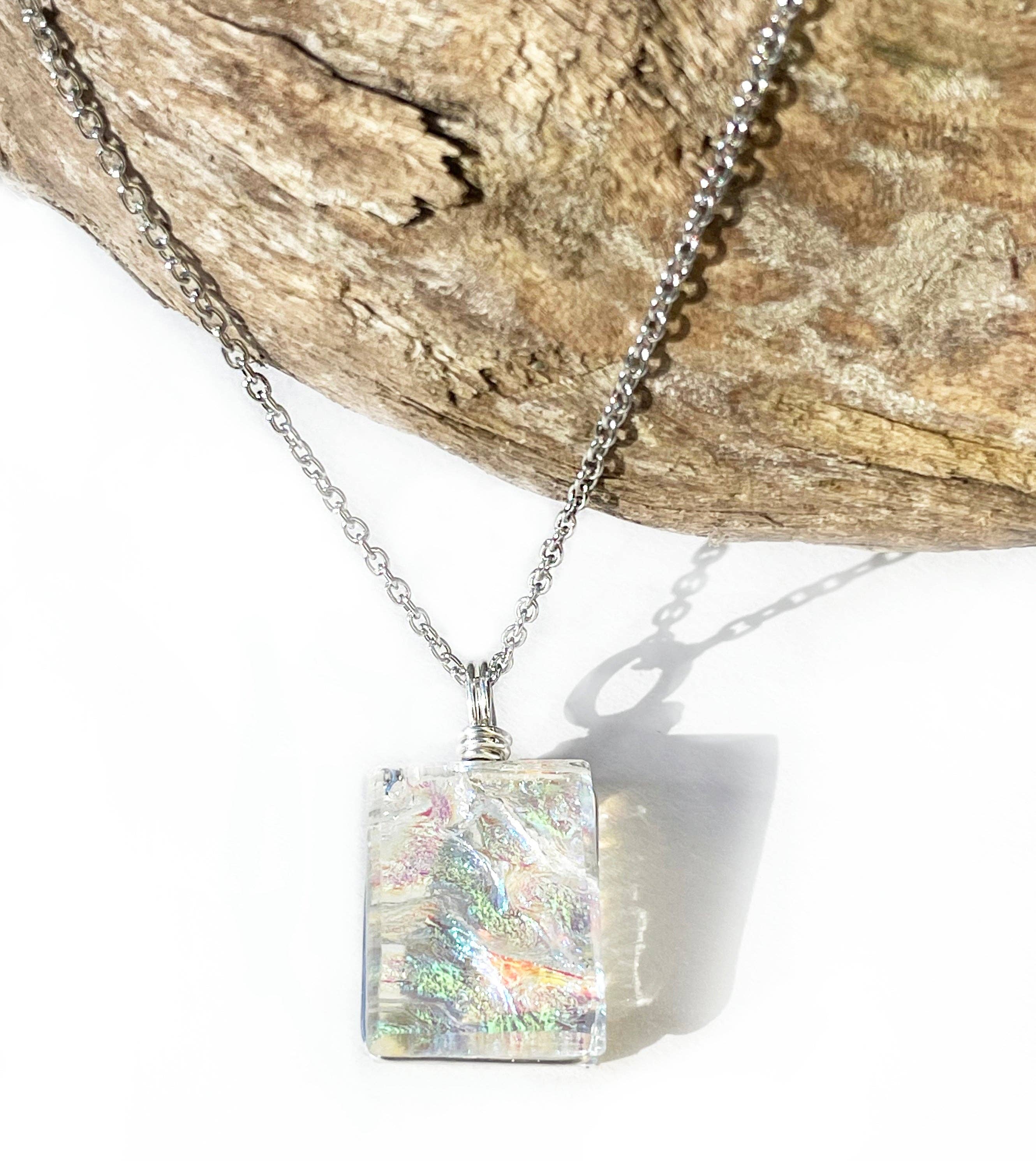 Flame Work Designs - Glass Jewelry - Wholesale Pendant/Charm Necklace - Dichroic Glass Pendant - Rainbow Clear1