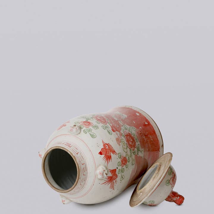 Cobalt Guild – wholesale Decorative jar – Pink and Green Porcelain Bird and Flower Temple Jar