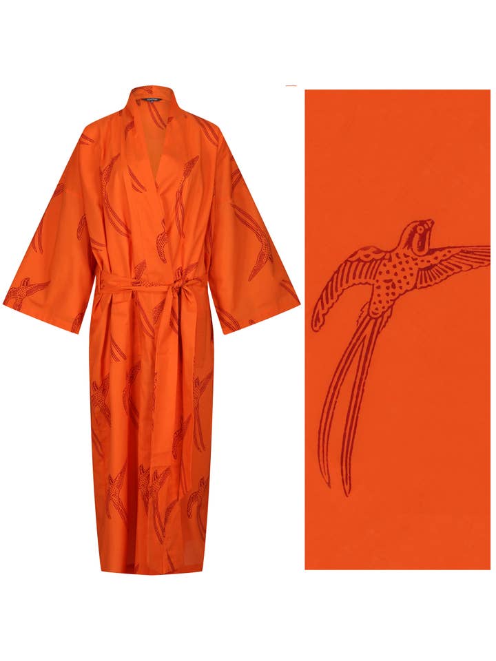 Susannah Cotton - Vente Peignoir – femme - Peignoir kimono en coton Susannah - Oiseau à longue queue rouge sur orange