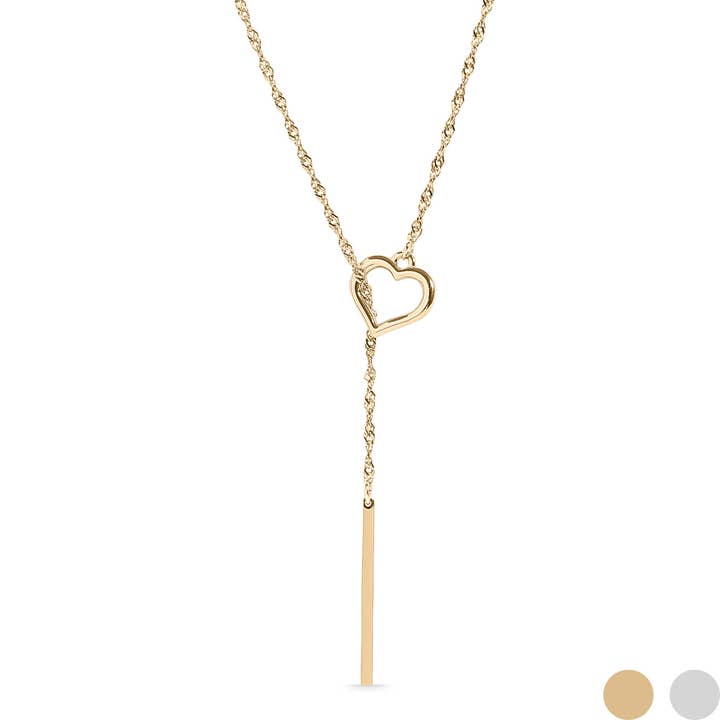 18K Gold PVD Stainless Steel Heart with Drop Bar Lariat Necklace for wholesale by WJW