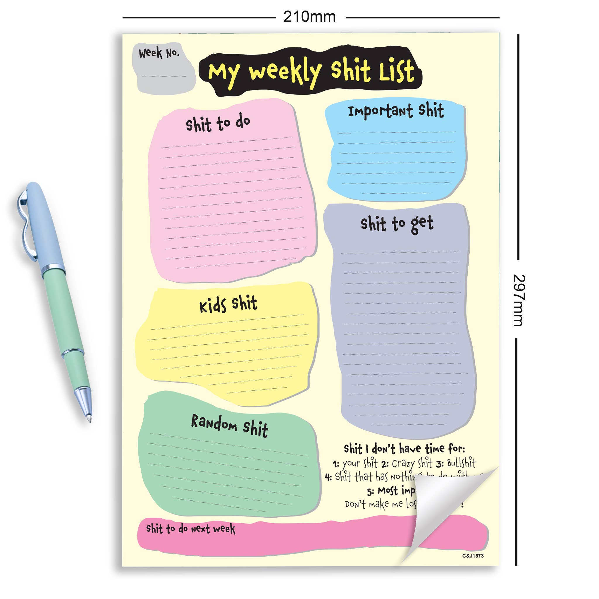 Close to the Bone Greeting Cards and Gifts – wholesale Planner – #1573 A4 Weekly Shit List1